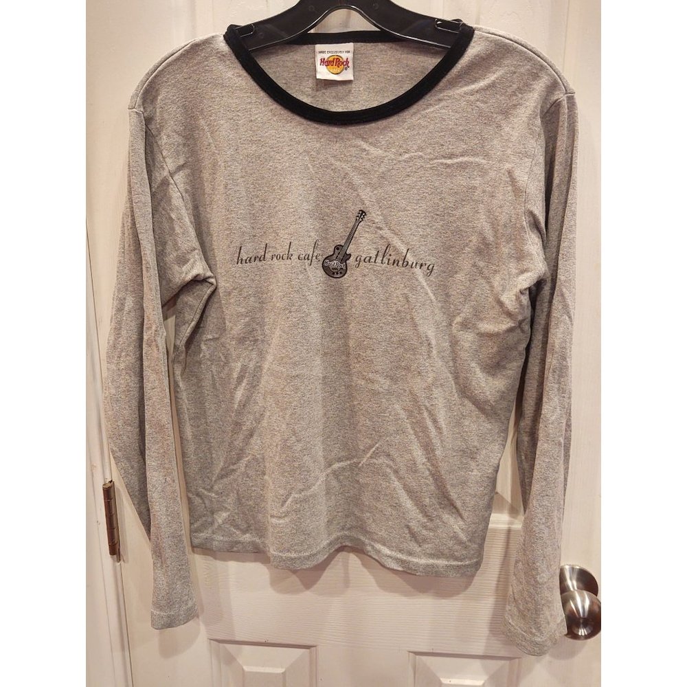 VTG Hard Rock  Cafe Gatlinburg TN Womens Shirt M Gray Long Sleeve Top Guitar